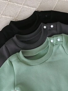 SHEIN Vintaside Kids 男婴纯色圆领长袖连体衣三件套，黑色、白色和灰色可选，时尚简约，图案设计优雅，宽松版型适合各种体型。三件套包含一件连体衣上衣和三条无腰带长裤，适合多种场合：户外玩耍轻松自在；居家休闲舒适；运动灵活；秋冬季穿着皆宜。 - 彩色 - 查看 7