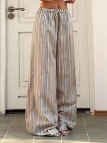 Muchica New Women's Yellow Striped Cotton-Linen Knit Drawstring Casual Pants, Perfect For Summer Beach Vacations. - Multicolor - View 8