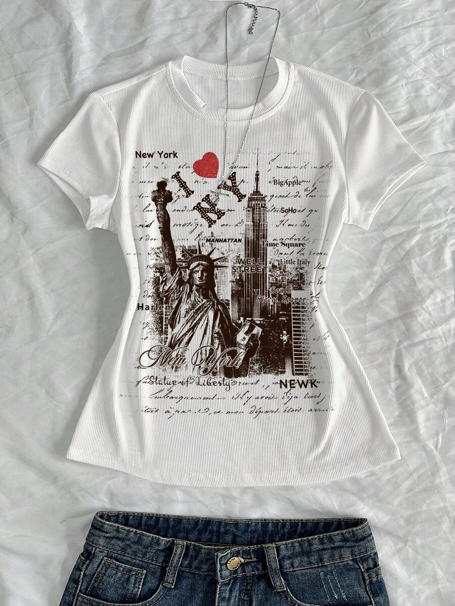 Glimmora Áo thun nữ cổ tròn ôm dáng, in hình Tượng Nữ thần Tự do và kiến trúc thành phố New York. - Nhiều màu - Xem 1