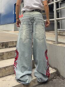 ROMWE MEN Men's Casual Fashion Street Style Dragon & Chinese Character Embroidery Washed Loose Wide-Leg Jeans, Belt Not Included - Light Wash - View 2