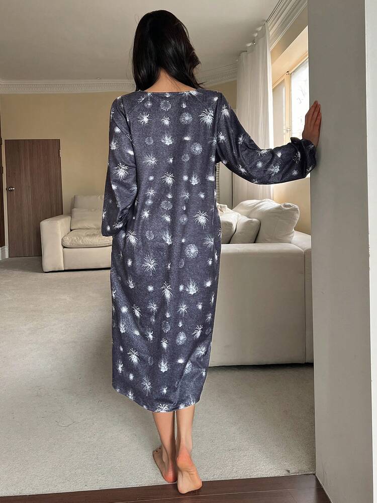 Firework Print Hollow Out Beaded Decor Loose Women Nightgown