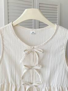 SHEIN Tween Girls' Casual Everyday Vacation Textured Bow Front Crop Top - Navy Blue - View 3