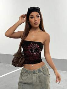 StreetHx Streetwear Women's Rock Dark Rhinestone Bandeau Top - Black - View 6