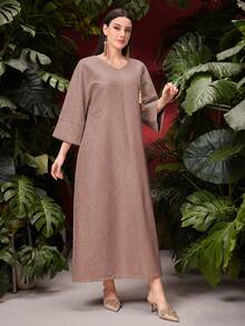 Al Najma V-Neck Loose Fit 3/4 Sleeve Patchwork Fringe Design Abaya - Coral Pink - View 4