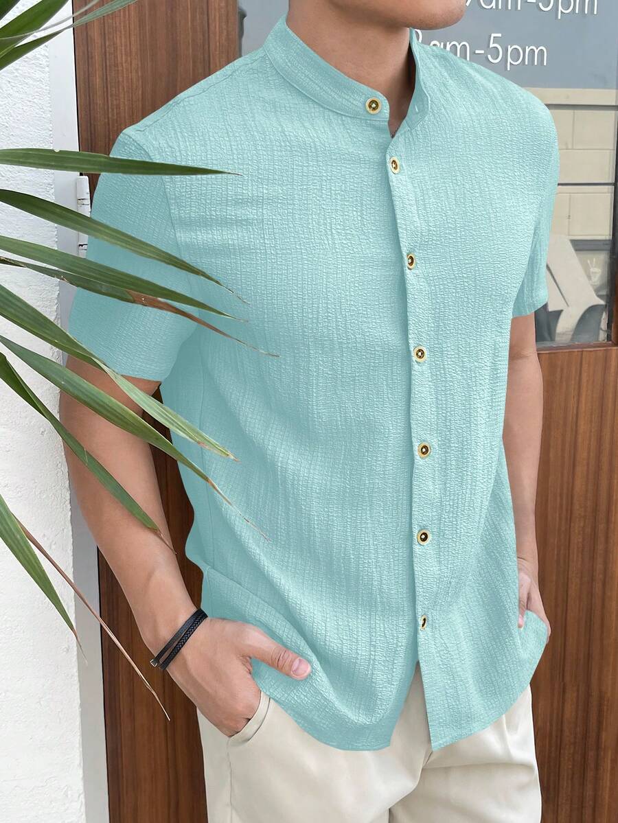 Manfinity RebelGame Men's Solid Color Short Sleeve Single-Breasted Commuter Casual Tropical Woven Shirt Vacation Teal Summer - Mint Blue - View 1