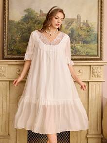 Plus Size Loose Fit Long Lace Patchwork Short Sleeve Palace Style Nightgown, Summer - White - View 6