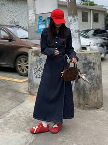 DAZY 女士翻领蝴蝶结刺绣装饰二合一不规则拼接设计休闲优雅牛仔连衣裙