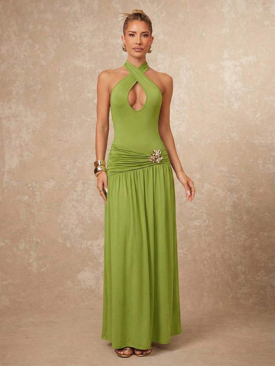 Lumalex 女士纯色交叉镂空褶皱性感吊带连衣裙