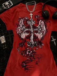 Glimmora Women's Casual Cross & Wing Print Round Neck T-Shirt, Summer - Red - View 3