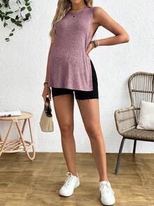 SHEIN Áo tank top 2 trong 1 dành cho bà bầu, màu trơn, cổ tròn, xẻ tà bên hông, chất liệu gân, phù hợp cho cả trước và sau sinh. - Đỏ - Xem 3