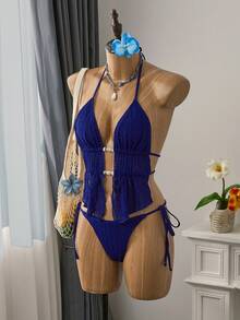 Bellisia 女士花卉蕾丝网纱串珠露背撞色系带吊带背心式泳衣套装，适合春夏度假穿着 - 藏蓝色 - 查看 3