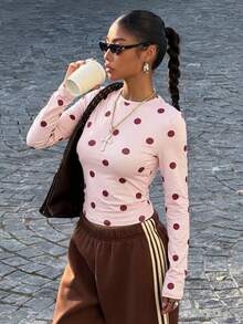 Muchica Polka Dot Print Crew Neck Fitted Women Long Sleeve T-Shirt - Pink - View 5