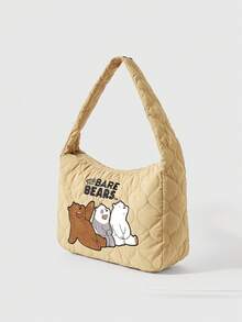 We Bare Bears X SHEIN 女士单肩包，卡通图案，绗缝设计，时尚百搭，个性设计，简约百搭，街头风，甜美酷女孩，性感女孩，大容量，可爱 - 卡其色 - 查看 4