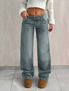 EURMUSE TALL SIZE LOW WAIST BAGGY LOOSE STRAIGHT LEG JEAN - Dusty Blue - View 5