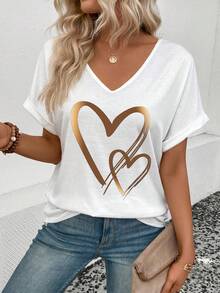 EMERY ROSE Women's Casual Basic V-Neck Heart Print T-Shirt - White - View 4