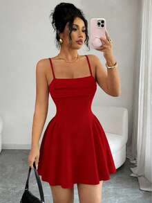 Elenzga 新款针织纹理吊带优雅百搭性感迷你连衣裙，适合情人节派对 - 紅色 - 查看 5