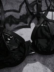 Sexy Patent Leather Spaghetti Strap Bra For Women - Black - View 7