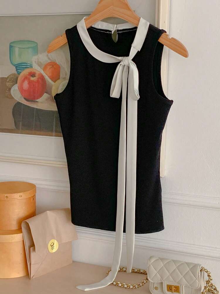 Women's Elegant Contrast Color Knot Collar Sleeveless Fitted Top, Suitable For Work And Commute In Summer