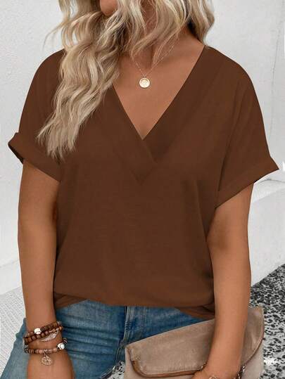 Selamara Plus Size Casual V-Neck Short Sleeve T-Shirt With Rolled Cuffs Design, Coffee Color