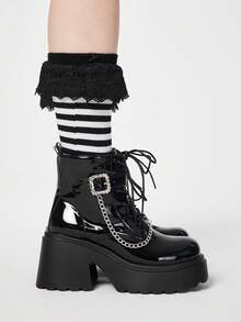 ROMWE 女士高跟凉鞋 - 2025 新款时尚秋冬朋克风深色 PU 圆头高跟厚底靴，镶钻英伦风系带链条踝靴，增高款，适合娇小身材 - 黑色 - 查看 4