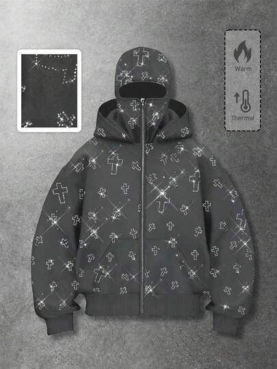 Street Life Felpa con cappuccio alla moda decorata con strass, con tasche, felpa con cappuccio con chiusura lampo frontale per uomo