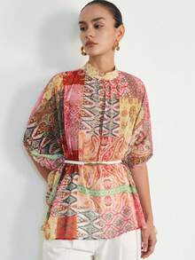 Aveloria Modichic Loose Fit Batwing Sleeve Tie Front Light Pink Blouse Plus Size Brunch Vacation Summer Boho Elegant - Multicolor - View 6