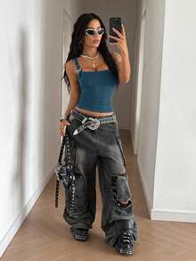 StreetHx 女士休闲时尚街头风日常通勤简约纯色搭扣孔眼吊带背心，夏季 - 藏蓝色 - 查看 6