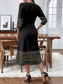 EMERY ROSE 女士休闲西部风格几何印花圆领中长连衣裙，休闲款 - 黑色 - 查看 2