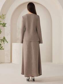 Veilorie Women's Solid Color V-Neck Long Sleeve Shirt And Waist Twist Midi Skirt Elegant 2-Piece Set - Mocha Brown - View 7