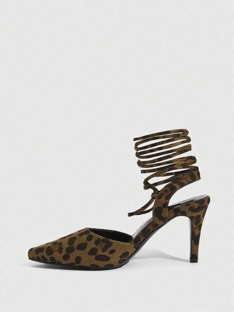 CUCCOO SZL Women's Leopard Print Pointed Toe Lace-Up Design Fashionable High Heels, Versatile For Daily Wear Valentine's Day