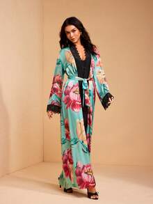 JIAN LASALA 印花缎面丝绸般优雅女士宽松长款睡袍，蕾丝边饰，长喇叭袖 - 彩色 - 查看 7