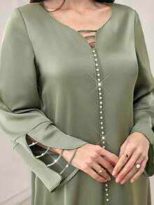 SHEIN Najma Elegant V-Neck Flare Sleeve Ruffle Hem Dress, Spring/Summer - Green - View 3