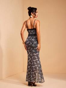 JIAN LASALA All-Over Print Mesh Spaghetti Straps Deep Neckline Contrast Binding Bodycon Mullet Women Dress - Multicolor - View 2