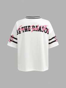 SHEIN 少女休闲可爱印花宽松粉色T恤 - 粉色 - 查看 5