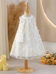 SHEIN 小女孩无袖白色蝴蝶刺绣吊带连衣裙，配白色斜挎包，优雅派对公主裙，夏季度假装 - 白色 - 查看 7