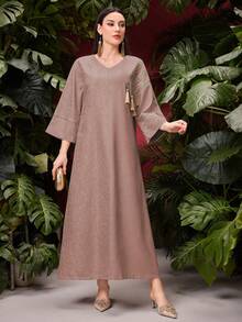 Al Najma V-Neck Loose Fit 3/4 Sleeve Patchwork Fringe Design Abaya - Coral Pink - View 6