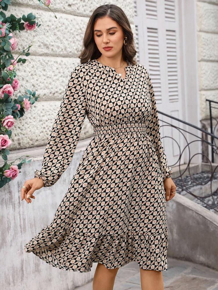 Plus Size Women V-Neck Geometric All-Over Print Elegant Waist Cinched Long Sleeve Party Dress For Summer/ Vacation,Spring Break Outfits