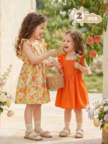 SHEIN Vintaside Kids 2件套女婴休闲纯粉色碎花无袖连衣裙，适合户外玩耍或居家穿着。 - 橘色 - 查看 8