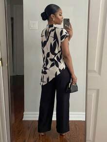 SHEIN Lady CURVE Bộ đồ nữ cỡ lớn thanh lịch in hoa, cổ đứng, tay ngắn, vạt bất đối xứng gồm áo và quần ống rộng, thích hợp cho mùa xuân/hè/thu. - Nhiều màu - Xem 3