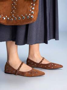 CUCCOO GRLICON Women's Rivet Decor Buckle Pointed Toe Flat Shoes Valentine's Day - Brown - View 2