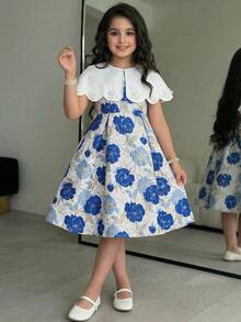 SHEIN Đầm midi cổ bẻ thanh lịch dành cho bé gái tuổi teen với họa tiết hoa 3D. - Màu xanh lam - Xem 2