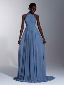 Elitara 极简褶皱无肩带A字裙摆连衣裙，拉链闭合，适合作为晚礼服、派对礼服，轻盈网纱连衣裙 - 藍色 - 查看 2