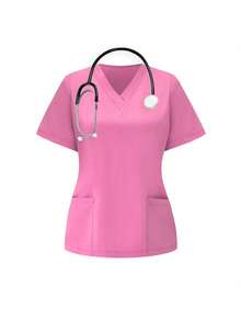 TaskEZ Conjunto de uniformes médicos: Parte superior de cuello en V de manga corta y pantalones para trabajadores de la salud - Rosa - Ver 8