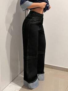 SHEIN Unity Women's Double-Waistband Pockets Wide Leg Loose Casual Jeans - Black - View 2