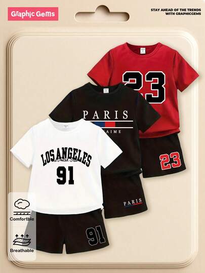 SHEIN GraphicGems 3pcs/Set Baby Boy Casual Funny Sunglasses, Bear, Car Silhouette, Crown, Letter Slogan Cartoon Print Basic Short Sleeve T-Shirt And Shorts Set