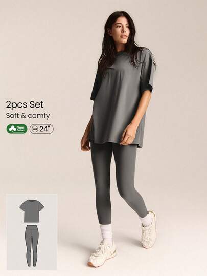 GLOWMODE 2 Pieces  Pima Cotton Hip Length Tee & 24'' FeatherFit™ Leggings Set With Side Pockets Low Impact Yoga Pilates Daily