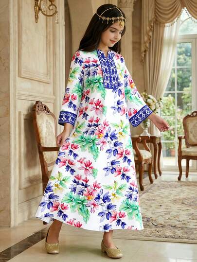 Vestido casual de manga larga con cuello en V y estampado para niñas, suelto y cómodo, adecuado para uso diario en primavera/verano, actividades al aire libre, fiestas, fotografía y talla grande