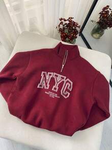 Manfinity Dauomo 男士卫衣，饰有纽约市字母刺绣图案，长袖宽松时尚街头休闲套头衫，送给男友或父亲的礼物；男士Polo领半拉链美式复古学院风针织卫衣，返校季、教师节、圣诞节礼物；新款秋冬抓绒保暖口袋实用个性化男士卫衣 - 紅色 - 查看 2