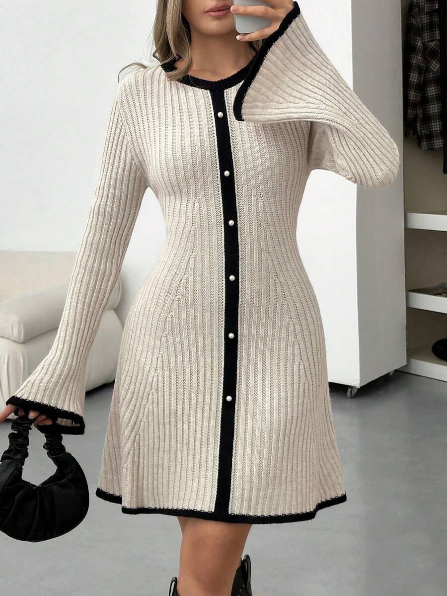 EURMUSE Beige Contrast Black Trim Rib Knit Flared Sleeve Sweater Dress With Button Front And Fit And Flare Silhouette For Women - Beige - View 1