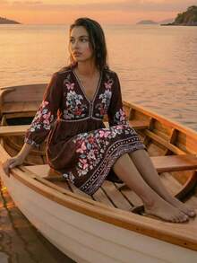 CAJUNI Women's V-Neck Floral Print Ruched Casual Vacation Date Outing Mini Dress - Brown - View 3